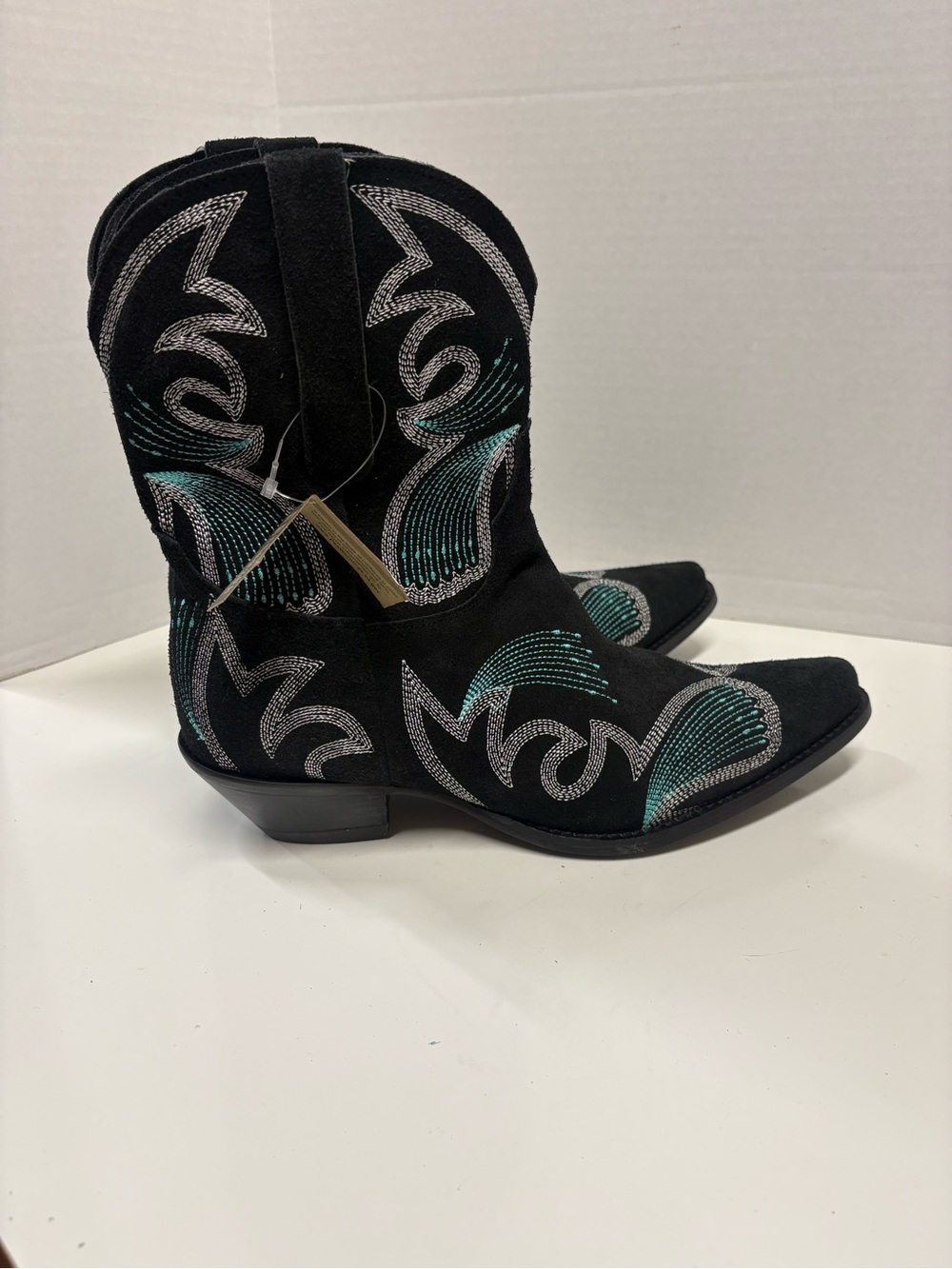 dingo Black Suede Ankle Boots with Turquoise & Silver Embroidery